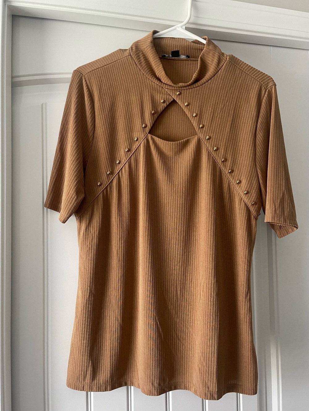 INC International Concepts Tan Ribbed Mock Neck Top with Stud Detail